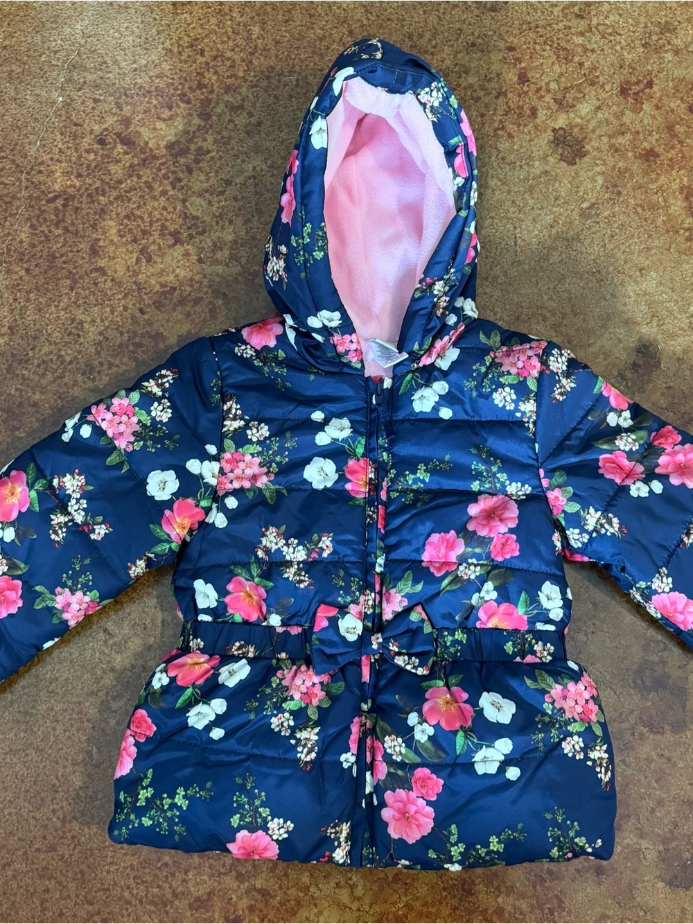 Girls' Navy Floral Hooded Puffer Jacket - Pink Lining